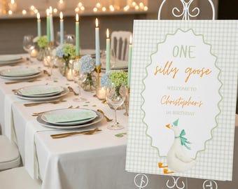 One Silly Goose Birthday Welcome Sign Green Gingham First Birthday 1st Birthday Silly Goose Decor Editable Welcome Nursery Rhyme Birthday