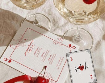 Queen of Hearts Galentines Party Menu, Galentines Playing Card Menu, Name Place Cards, Casino Poker Party, Editable Canva Template
