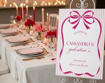 Galentine's Welcome Sign, Valentine's Welcome Template, Galentine's Day Sign, Pink Bow Coquette Sign, Editable Canva Template, Girls Night