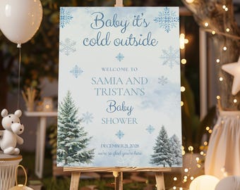 Baby It's Cold Outside Baby Shower Welcome Sign, Baby Boy Snowflake, Snowfall Winter Wonderland Entrance Sign, Digital Template