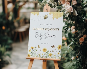 Honey Bee Baby Shower Welcome Sign, Honeybee, A Little Honey Is On The Way, Mommy To Bee, Editable Printable Honeycomb Sign Digital Download