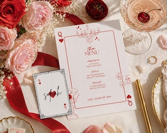 Queen of Hearts Bridal Shower Menu, Lucky In Love Bachelorette Party Playing Card Menu, Name Place Cards, Casino Menu Card, Canva Template