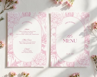 Pink Toile Menu Template, Double Sided Menu, Pink Floral Menu, Wedding Menu, Shower Menu, Digital Menu, Instant Download, Canva Template