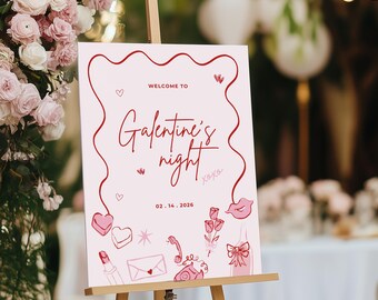 Galentine’s Welcome Sign Template, Editable Galentines Party Sign, Valentine Girls Night Decor, Printable Canva Welcome Sign