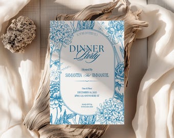 Editable Party Invitation Template, Blue Floral Invite, Elegant Vintage Dinner Party Card, Printable Canva Invitation, Floral Bridal Shower