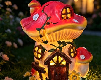 Lighted Fairy House, Fairy Garden Decor, Mushroom Cottage Garden Statue, Whimsical Outdoor Decor, Miniature Garden House, Garden Lover Gift