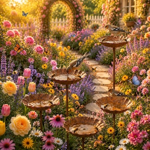 Puede incluir: Un conjunto de ba&ntilde;os para p&aacute;jaros de metal de varios niveles con cuatro cuencos festoneados de color &oacute;xido sobre postes delgados, rodeado por un jard&iacute;n vibrante lleno de flores rosas, amarillas y moradas, follaje verde y mariposas y abejas.