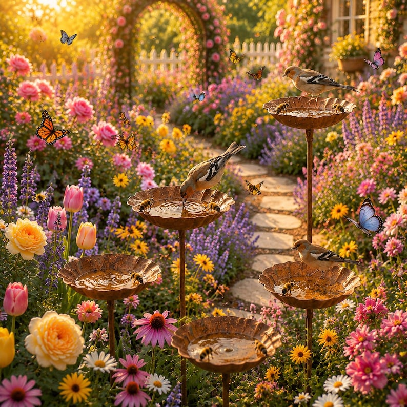 Puede incluir: Un conjunto de ba&ntilde;os para p&aacute;jaros de metal de varios niveles con cuatro cuencos festoneados de color &oacute;xido sobre postes delgados, rodeado por un jard&iacute;n vibrante lleno de flores rosas, amarillas y moradas, follaje verde y mariposas y abejas.