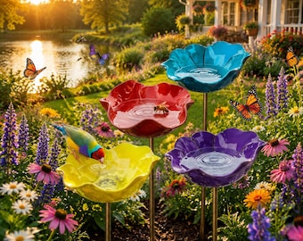 Flower Bee Bath & Hummingbird Feeder Garden Stake - Metal Butterfly Puddler - Pollinator Water Station - Outdoor Yard Art Decor
