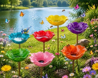 Flower Bee Bath & Hummingbird Feeder Garden Stake - Metal Butterfly Puddler - Pollinator Water Station - Outdoor Yard Art Decor