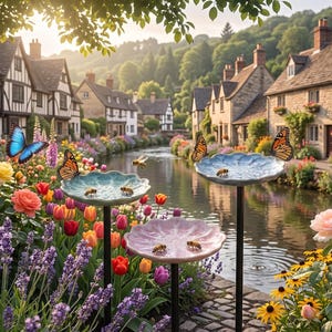 May include: Three elevated, flower-shaped bird baths in light blue, pink, and white, each mounted on a thin black pole. The basins contain water and are surrounded by a vibrant garden of colorful roses, lavender, and tulips near a river.