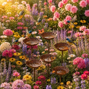 Puede incluir: Un conjunto de cinco bebederos para p&aacute;jaros de metal de varios niveles con bordes festoneados, situados en un jard&iacute;n vibrante de rosas rosadas, lavanda morada y margaritas amarillas, con varios p&aacute;jaros azules volando y posados.