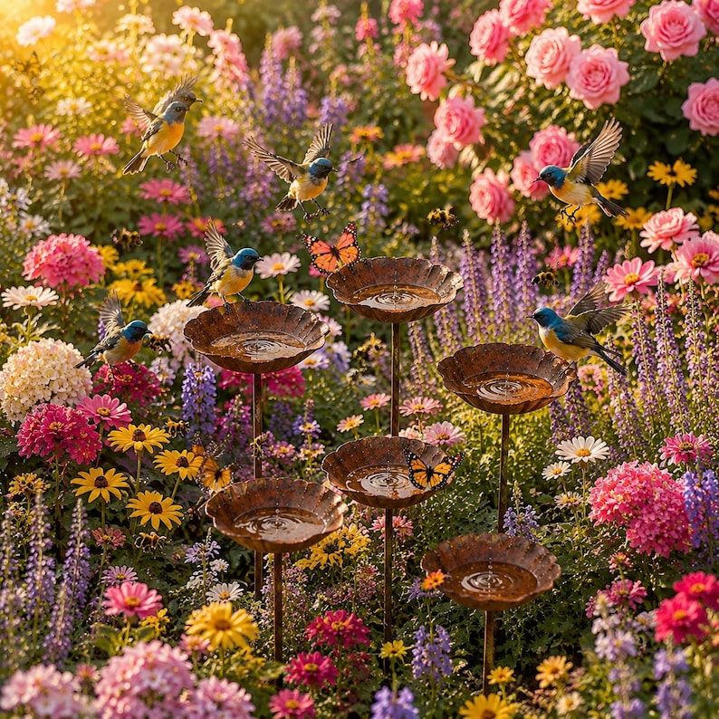Puede incluir: Un conjunto de cinco bebederos para p&aacute;jaros de metal de varios niveles con bordes festoneados, situados en un jard&iacute;n vibrante de rosas rosadas, lavanda morada y margaritas amarillas, con varios p&aacute;jaros azules volando y posados.