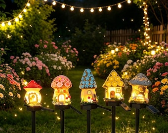 Lighted Fairy House, Fairy Garden Decor, Mushroom Cottage Garden Statue, Whimsical Outdoor Decor, Miniature Garden House, Garden Lover Gift