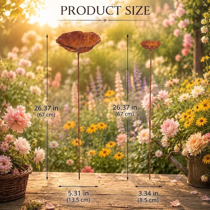Puede incluir: Dos estacas de jard&iacute;n de metal color cobre con tallos delgados y p&eacute;talos anchos. La cabeza de la flor m&aacute;s grande mide 13,5 cm de ancho, la m&aacute;s peque&ntilde;a 8,5 cm, y ambas estacas miden 67 cm de altura total, tal como se indica en la imagen.