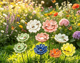 CustomOutdoor Bird WaterFeeder,Ceramic Bee Waterer,Bee WaterStation,Butterfly ollinator Garden Decor,ColorfulYard Art Gift,Garden DecorStake