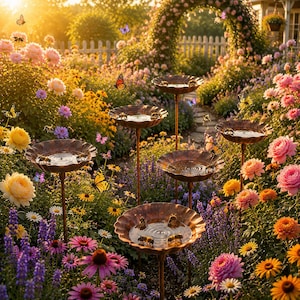 Puede incluir: Cinco bebederos para p&aacute;jaros de metal color bronce sobre estacas delgadas est&aacute;n dispuestos en un jard&iacute;n exuberante lleno de flores rosas, amarillas y naranjas. Cada cuenco festoneado contiene agua, con abejas y mariposas alrededor.
