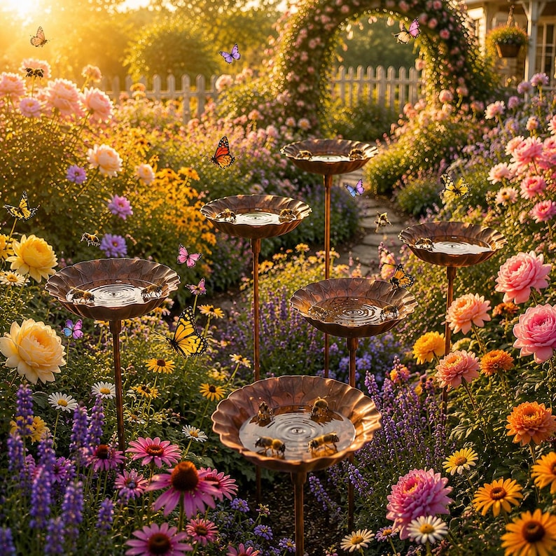 Puede incluir: Cinco bebederos para p&aacute;jaros de metal color bronce sobre estacas delgadas est&aacute;n dispuestos en un jard&iacute;n exuberante lleno de flores rosas, amarillas y naranjas. Cada cuenco festoneado contiene agua, con abejas y mariposas alrededor.