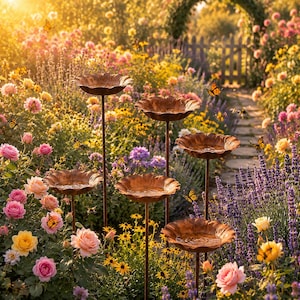 Puede incluir: Un conjunto de seis bebederos para p&aacute;jaros de metal marr&oacute;n sobre estacas delgadas, cada uno con un dise&ntilde;o de cuenco festoneado en forma de flor. Los bebederos est&aacute;n dispuestos a diferentes alturas en un jard&iacute;n lleno de flores coloridas.