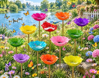 Flower Bee Bath & Hummingbird Feeder Garden Stake - Metal Butterfly Puddler - Pollinator Water Station - Outdoor Yard Art Decor