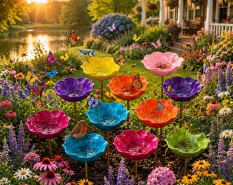 Flower Bee Bath & Hummingbird Feeder Garden Stake - Metal Butterfly Puddler - Pollinator Water Station - Outdoor Yard Art Decor