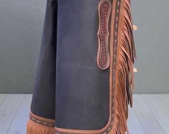 Western Leather Chaps with Fringe | Handmade Brown Cowboy Riding Chaps