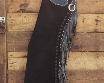 Men Black Leather Western Fringe Chap Handmade Cowboy Riding Chaps Costume