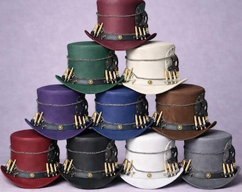 Handmade Steampunk Gothic Black Top Hat with Chains, Bullet Accents