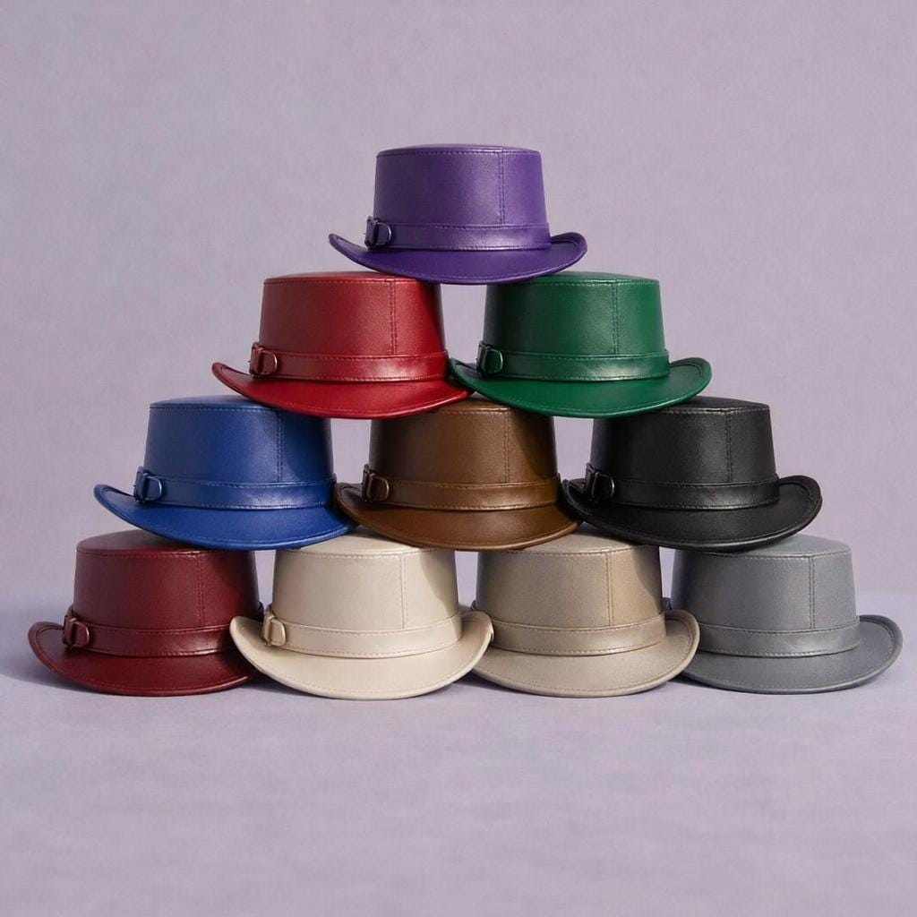 Handmade Classic Black Leather Bowler Hat with Buckle Strap - Elegant…