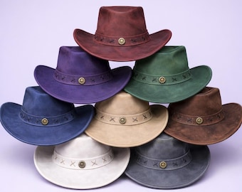 Handgefertigter Cowboyhut aus braunem Leder im Used-Look, Western-Outback-Ranch-Hut