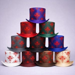 Zwarte leren gotische hoge hoed met rood schedelpatroon Steampunk Victoriaanse stijl