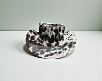 Sombrero de vaquero de piel de vaca en blanco y negro, estilo rancho occidental vintage