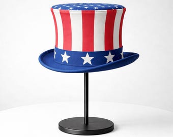 Handgemaakte hoge hoed met Amerikaanse vlag – patriottisch rood wit blauw Uncle Sam-stijl hoeddecor