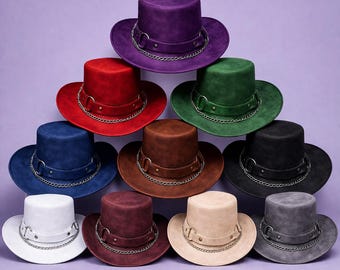 May include: A collection of ten top hats in various colors, including purple, red, green, blue, brown, black, white, burgundy, tan, and gray. Each hat features a decorative chain and band around the crown.