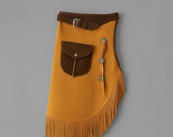 Men's Leather Fringe Chap | Western Cowboy Style with Pocket