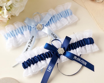 Personalized Wedding Garter for Bride Custom Name & Date Something Blue Lace Bridal Keepsake Handmade Gift
