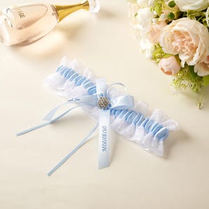Personalized Wedding Garter for Bride Custom Name & Date Something Blue Lace Bridal Keepsake Handmade Gift