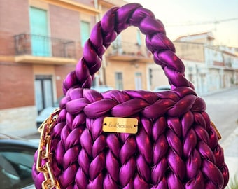 Bolso morado metalizado hecho a mano, bolso grueso morado magenta, bolso elegante color malvavisco, correa dorada para el hombro, hecho a mano en Italia, regalo para mujer