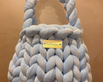 Bolso de terciopelo suave y grueso azul claro, monedero tejido a mano, bolso de punto grueso, regalo artesanal para mujer