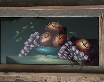 1970s Black Velvet Still Life Painting Fruit Rustic Barn Wood Frame