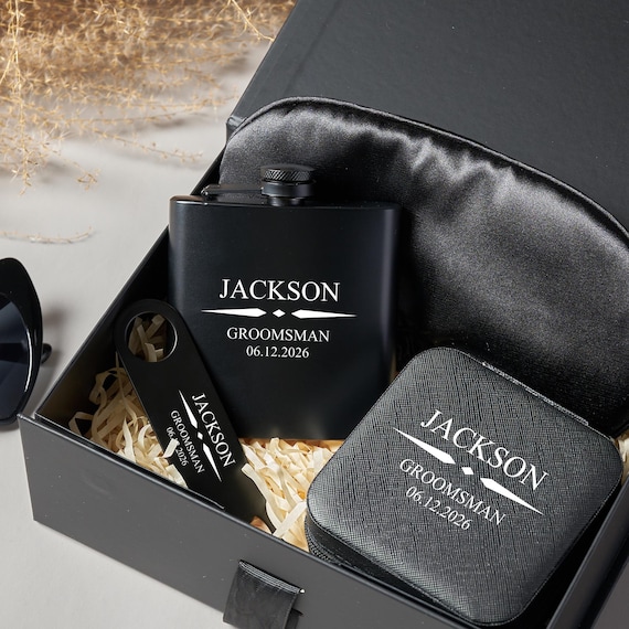 Personalized Groomsmen Box Gift Set, Custom Best Man Gift Box,  Flask, Bottle Opener, Sunglasses, Eye mask, Watch box