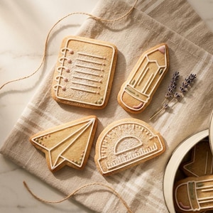 May include: Four sugar biscuits shaped like school supplies including a spiral notebook, a pencil, a paper airplane, and a protractor, all decorated with white icing outlines. Additional biscuits are visible inside a round metal tin container.