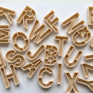 Puede incluir: Una colección de cortadores de galletas con forma de letras en plástico beige esparcidos sobre una superficie blanca. El conjunto incluye varias letras mayúsculas como K, R, W, F, N, E, M, O, J, B, T, U, V, S, H, A, C, I, X, Y y Z, con estructura hueca.