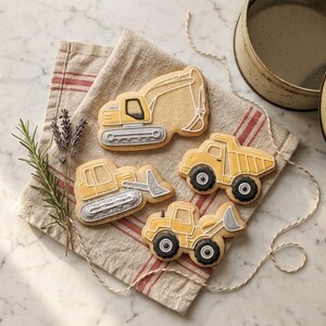 Kakformsset för bygg, grävmaskin, lastare, bulldozer, fondantstämpel, barnkalas, livsmedelssäker PLA, tillverkad i Italien, 4 delar