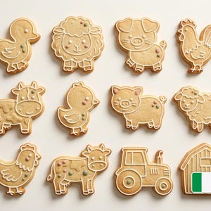 Op de afbeelding: Een verzameling van twaalf lichtbruine koekjes in de vorm van boerderijdieren, een tractor en een schuur. De koekjes zijn voorzien van witte glazuurlijnen en kleine gekleurde stippen. Eén koekje heeft de vorm van een schuur met een Italiaanse vlag.