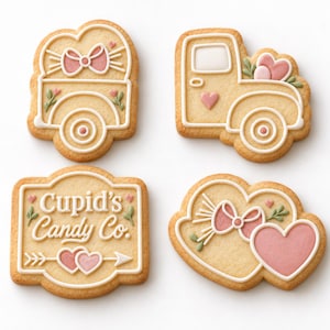 May include: Four sugar cookies decorated with white icing and pink accents. One cookie is shaped like a truck, one like a trailer, one like a heart cluster, and one rectangular cookie features the text Cupid's Candy Co. with heart and arrow designs.