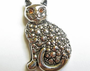 Vintage Cat Lapel Pin, Sitting Cat with Amber Eyes, Silver Color 1980's