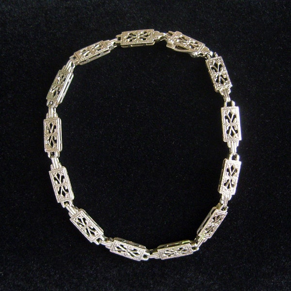 Reserved for Joanna 1920s Filigree 14K White Gold Rectangular Link Bracelet