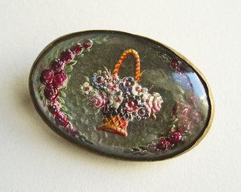 Antique Reverse Painted Floral Brooch  Edwardian Glass Brooch Early 1900's