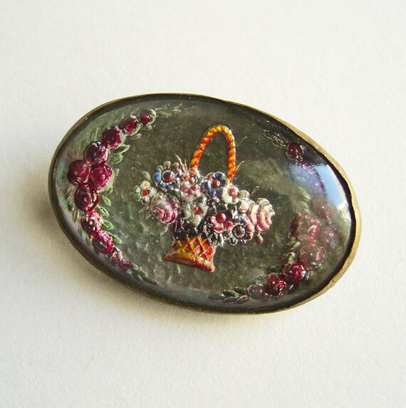 Antique Reverse Painted Floral Brooch  Edwardian Glass Brooch Early 1900's